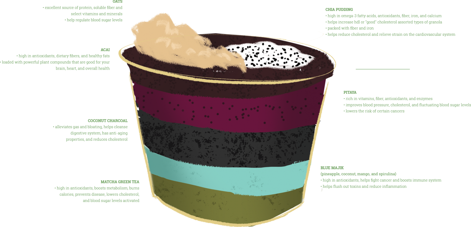 image of a bowl of acai with different toppings, oats, açaí, coconut charcoal, matcha green tea, chia pudding, pitaya and blue magik